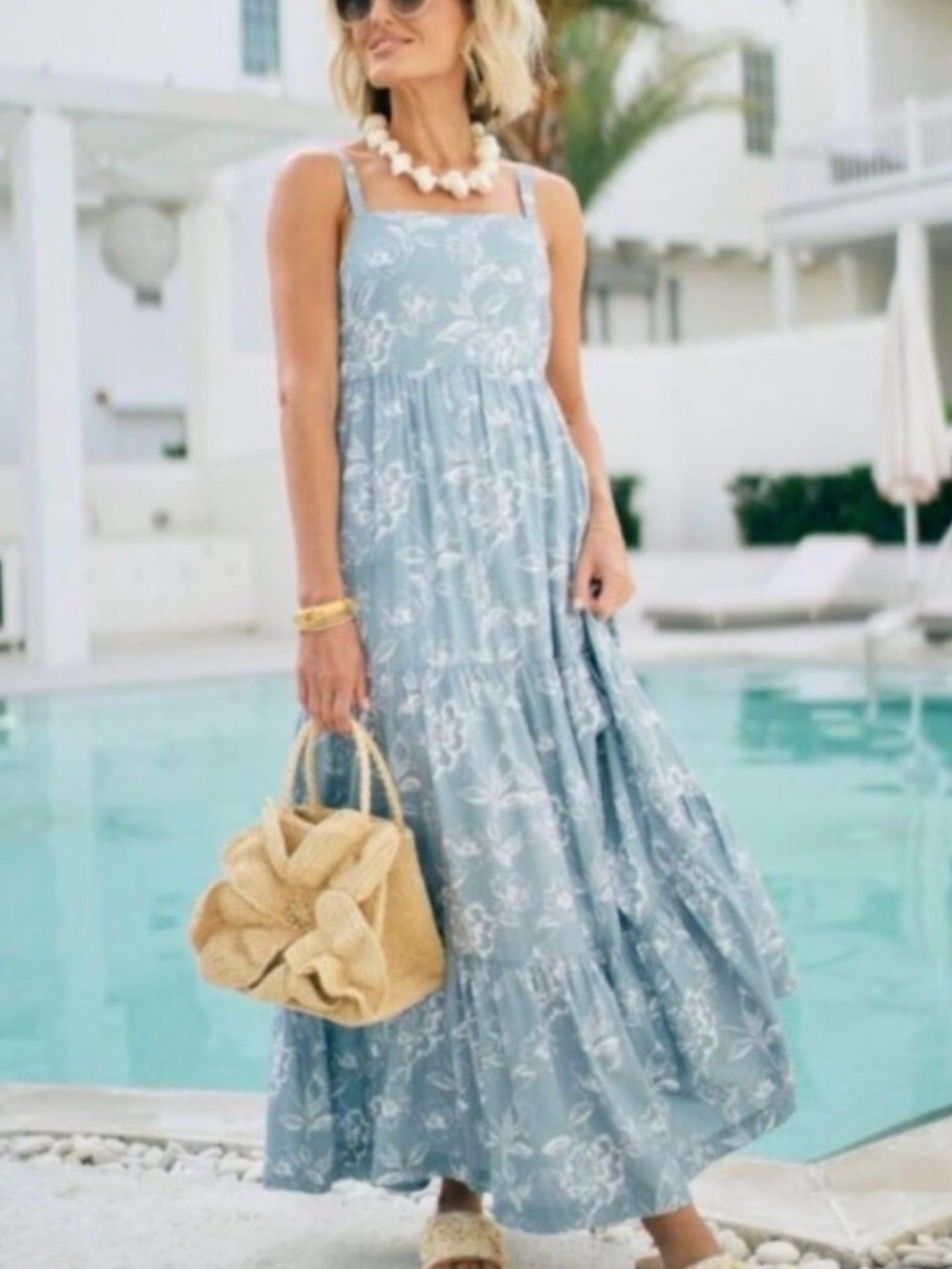 10~ NWT Hermoza Shea Dress in Meadow Whisper Light Blue Floral Tiered Maxi S